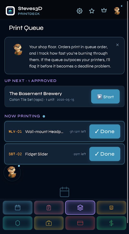 PrintDeck mobile Print Queue — Oliver tip bubble, NOW PRINTING with time remaining, UP NEXT order queued and ready