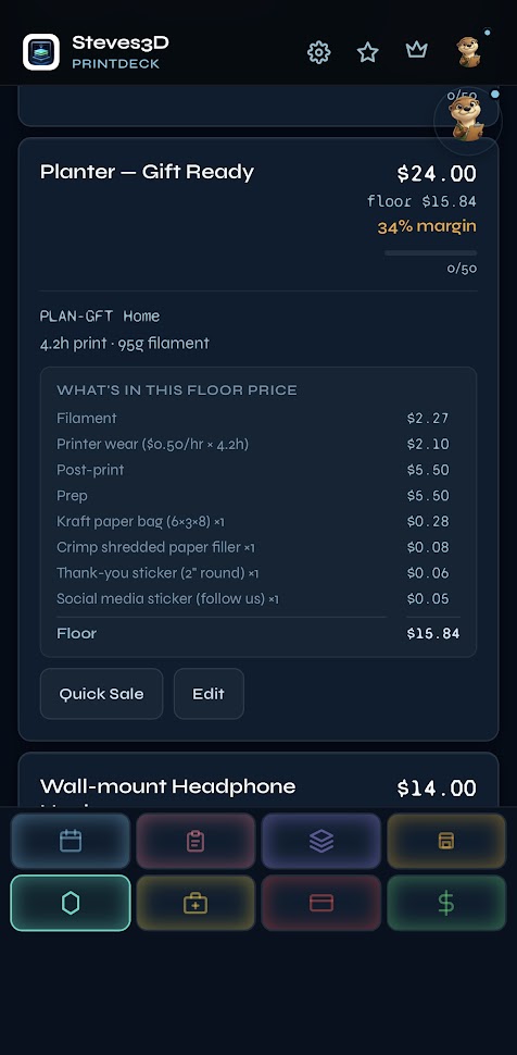 PrintDeck floor price breakdown — Planter at $24, floor $15.84, 34% margin. Every input shown: filament, wear, prep, packaging.
