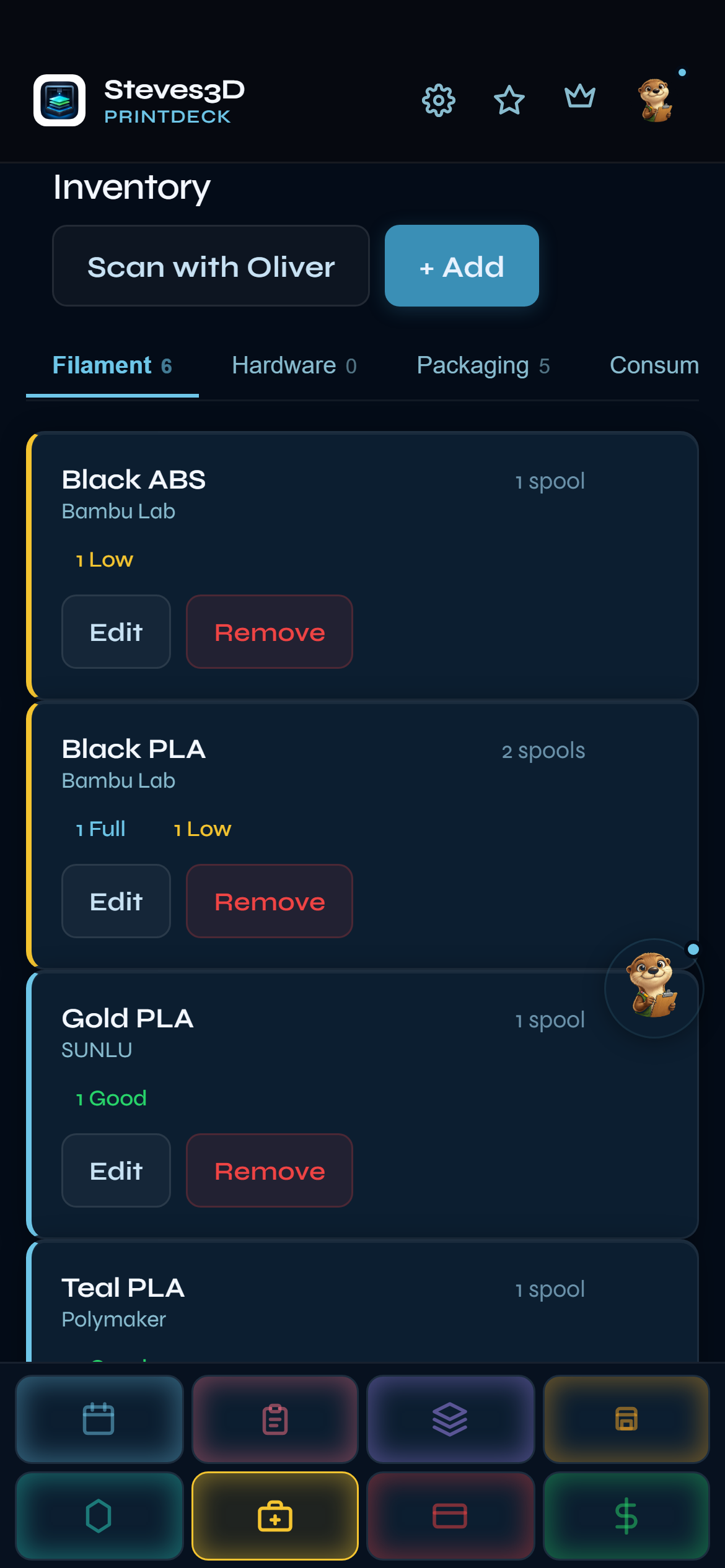 PrintDeck Inventory page — filament shelf with material groups, colors, and remaining quantities