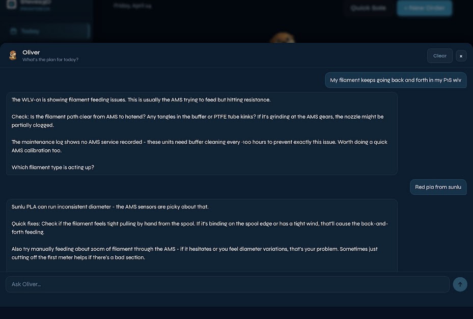 Oliver diagnosing a P1S AMS filament feeding issue — identifies the problem, asks the right questions, gives specific fixes for filament diameter inconsistency