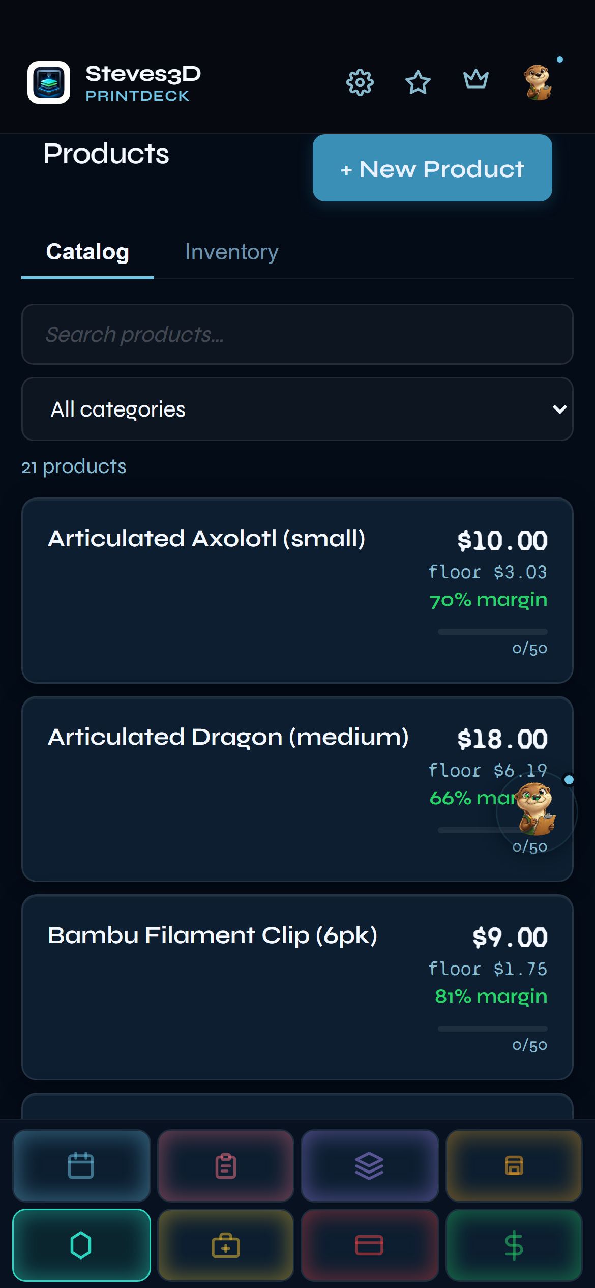 PrintDeck Products catalog — every product with floor price and margin visible at a glance
