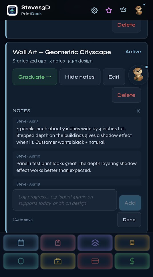 PrintDeck project notes log — timestamped progress notes threaded by date, real record of what the job took