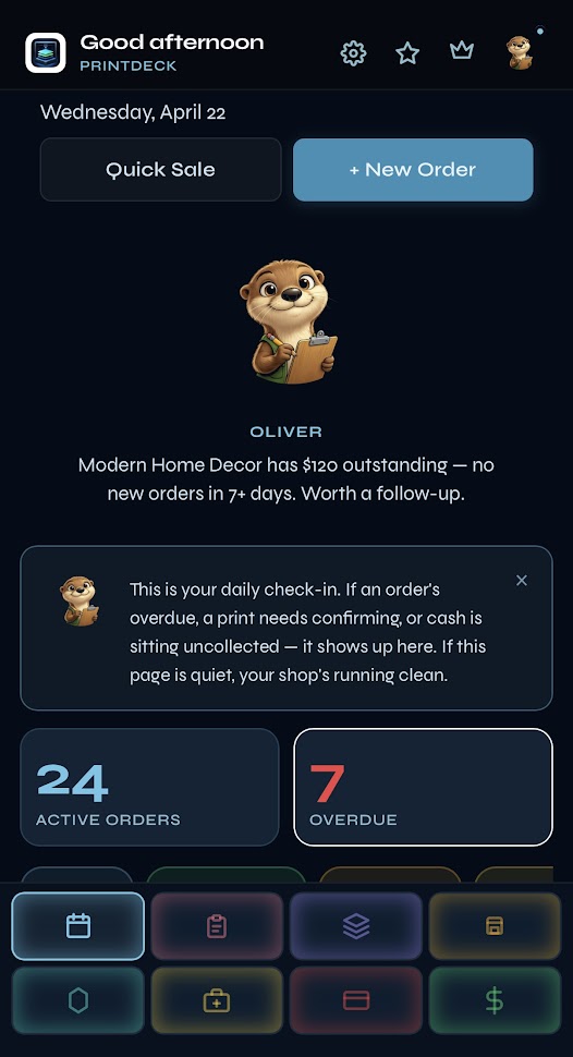 PrintDeck Today page showing Oliver's daily check-in and shop activity overview