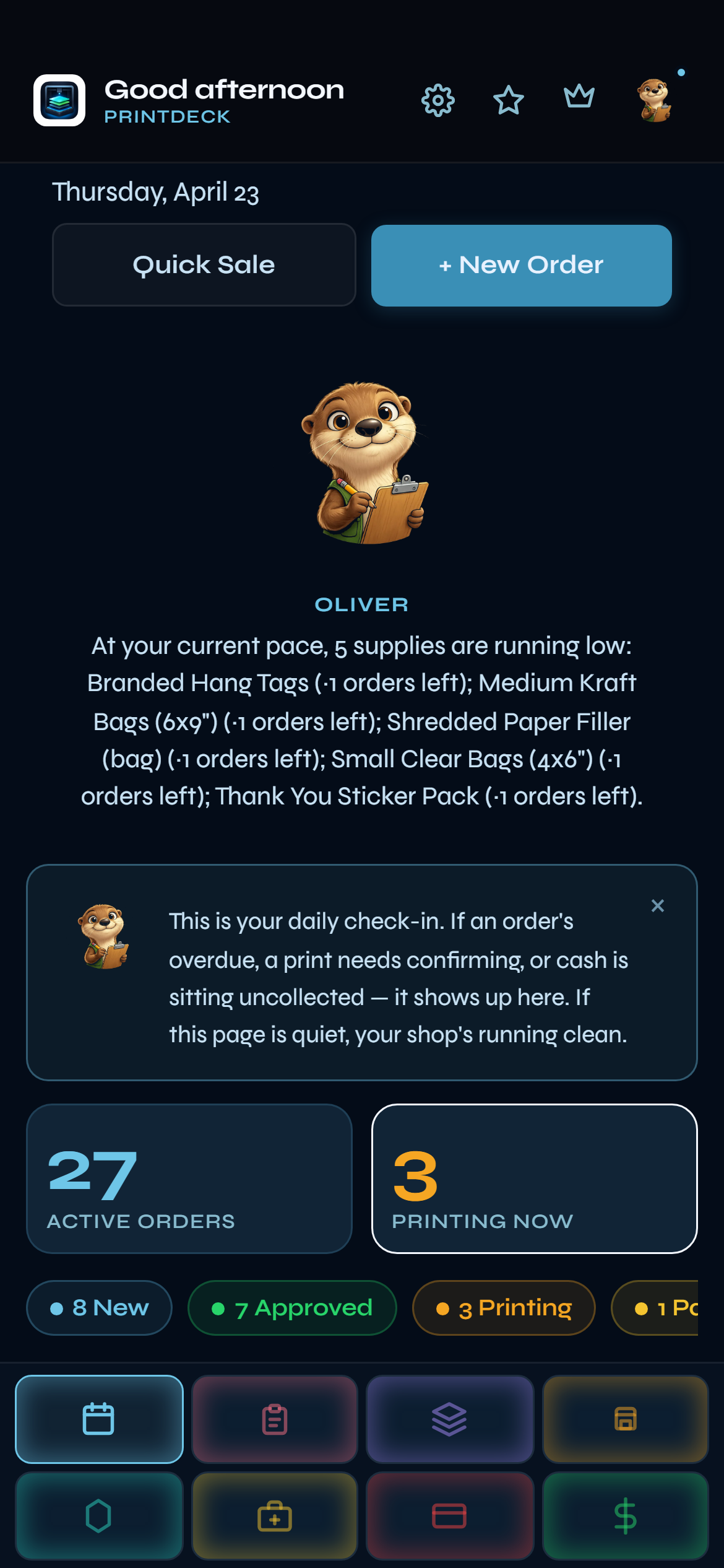 PrintDeck Today page — active print jobs, printer status, and Oliver's shop overview